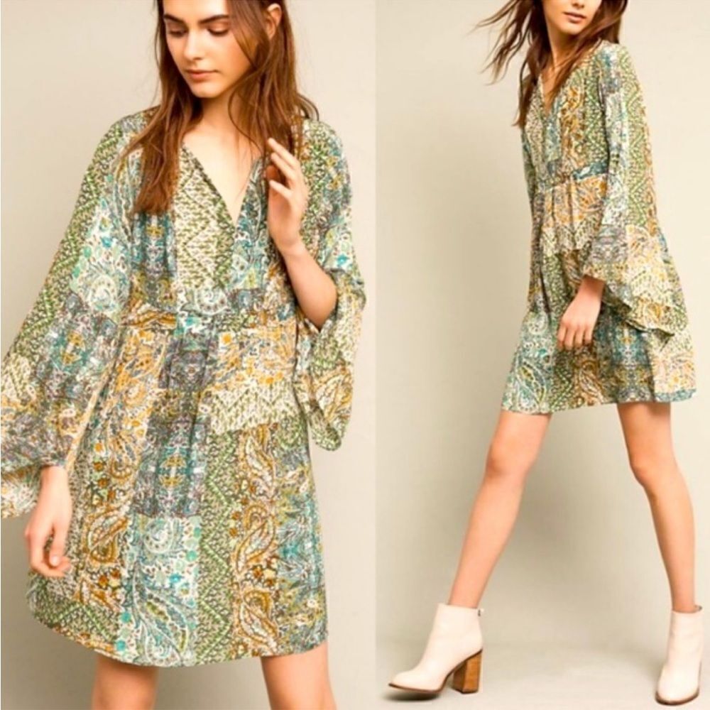 FLOREAT Anthropologie Women's Amelia Green Printed Boho Mini Silk Dress sz 0